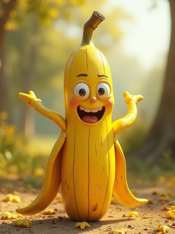 A humorous and detailed CGI illustration of a wooden banana. The banana has a friendly face and is posed playfully. Background has a sunny atmosphere with soft-focus trees and fallen leaves.