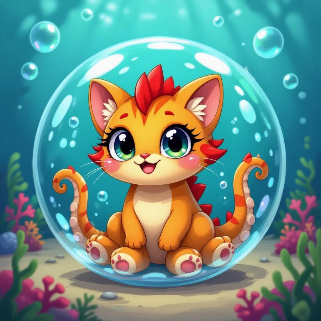 A cute cat-like creature named Aquafiend meow sitting in a bubble. The character has fun bubble tentacles. The style is colorful cartoon art. The creature has a playful expression and large eyes. Background filled with underwater elements, plants, and bubbles.