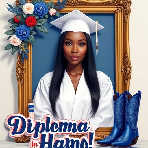 A confident Black woman in a white graduation cap and gown stands proudly. The woman has sleek, straight hair. An ornate gold picture frame surrounds her. Blue, red, and white flowers decorate the frame. Bold blue letters display the year 2025 above her. Below is the phrase 'Diploma in Hand!' in stylish text. Elegant blue cowgirl boots are placed beside her.
