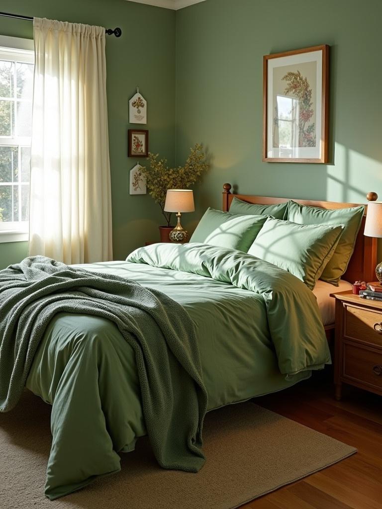 Cozy bedroom features green bedding. Natural light floods in through the windows. Comfortable furnishings create a welcoming atmosphere. Lamps provide soft lighting. Decorative wall art enhances the decor.