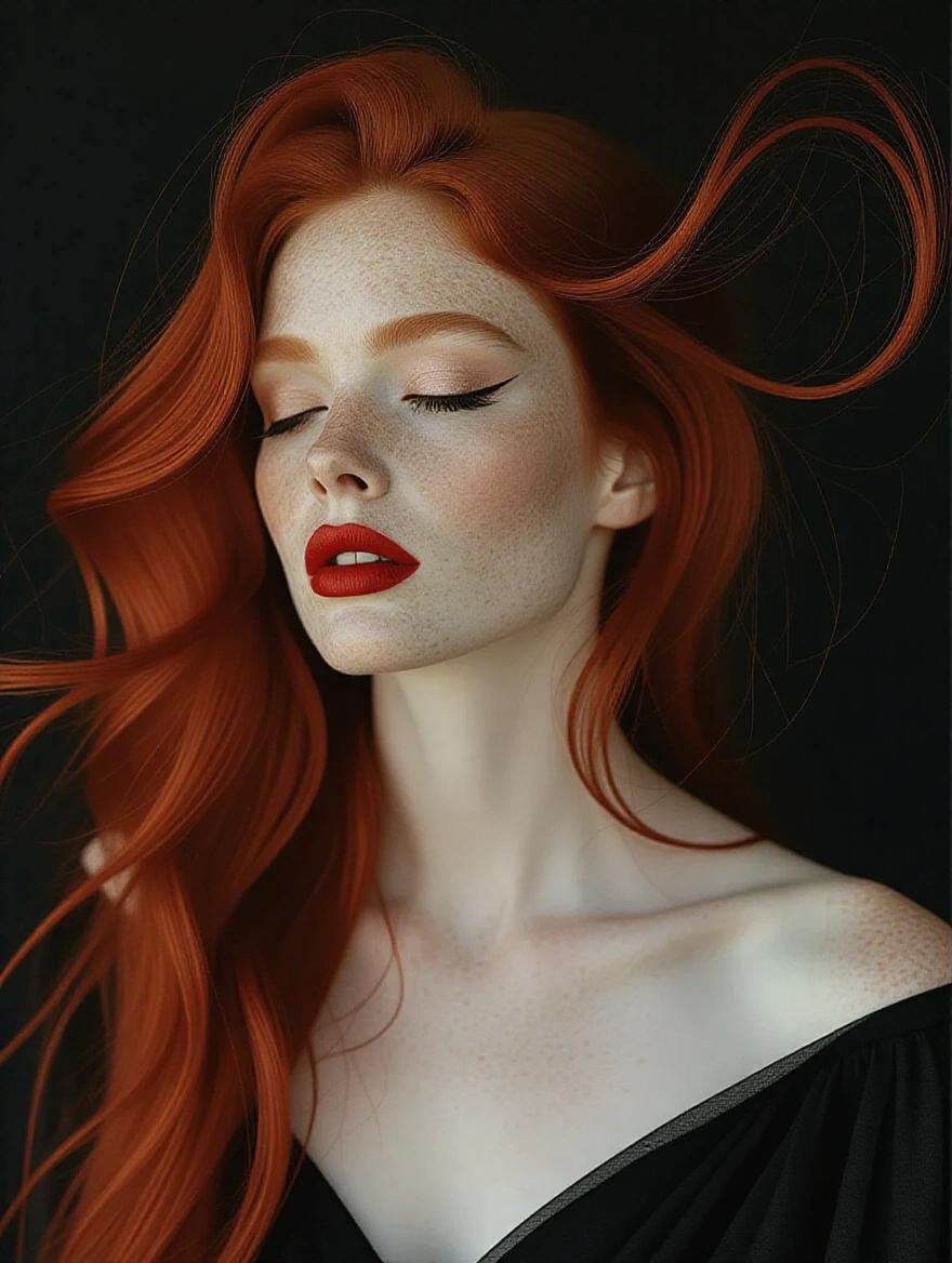 Close-up photograph of a woman with long red hair and dramatic makeup. Dark background contrasts her hair and beauty. Hair flows outward as if blown by wind. Eyes closed with a serene expression. Pale skin enhances contrast. Bold red lipstick and eyeshadow create an otherworldly look. Small earrings visible. Background features dark textures and red splatters.
