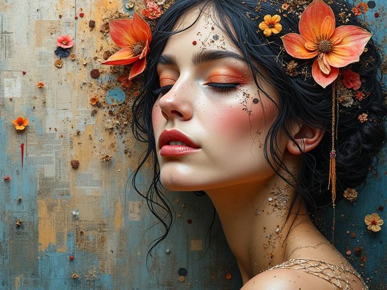3D mixed media artwork of a woman with flowers. Adorned with various textures. Features newspaper, jute, wood, sand and confetti elements. Use of luminous colors. Creates depth and surface feel.