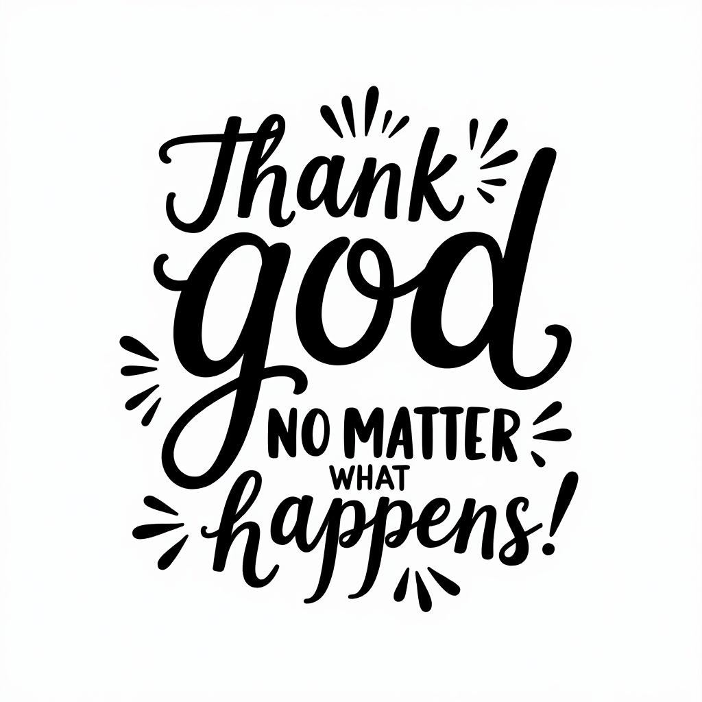 Black and white typography design featuring the phrase 'Thank God No Matter What Happens!' The design integrates artistic elements and flourishes around the text.