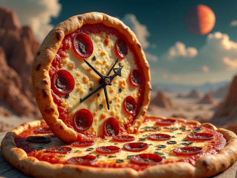 A clock is made of hyperrealistic pizza. The clock has melted cheese and rich toppings. Thin slices of salami and anchovies form the hour and minute hands. The clock stands in a vast pizza world. Crust mountains and rivers of tomato sauce are visible. Floating pepperoni moons create the sky. The scene looks delicious and surreal. It is epic and vibrant with smooth lighting.