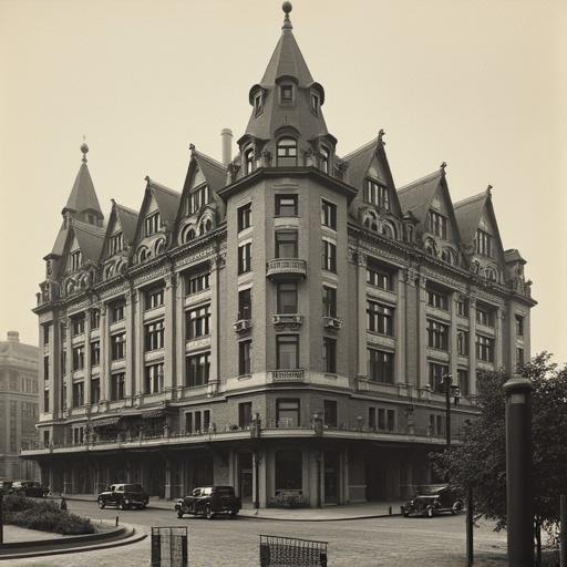 Large hotel from the year 1900. Showcasing architectural features and vintage design. Captured in a public urban setting with early automobiles present.