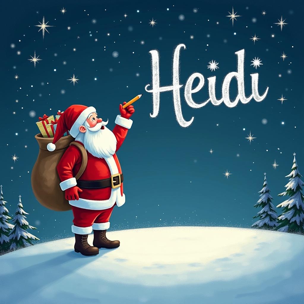 Santa Claus stands on snowy hill under starry night. He is writing names in the sky with a pencil. He is dressed in red and white. A large sack of gifts is on his back. The name 'Heidi' is displayed in a whimsical font.