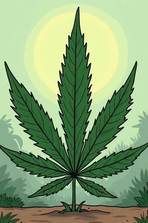 Cartoon-style illustration of a cannabis leaf against a simple background. Bright green leaf with prominent serrations. Sunlight glowing in the background. Leaf positioned centrally.
