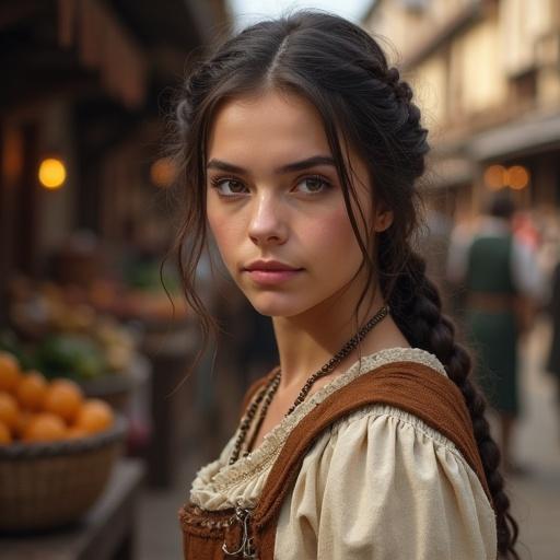 Portrait of a young European medieval townswoman with fair skin and warm brown eyes. Dark brown hair tucked under a linen coif. Modest dress in earthy tones. Soft expression captured in soft daylight. Background features a medieval market with wooden stalls and fruits. Highly detailed image with realistic lighting.
