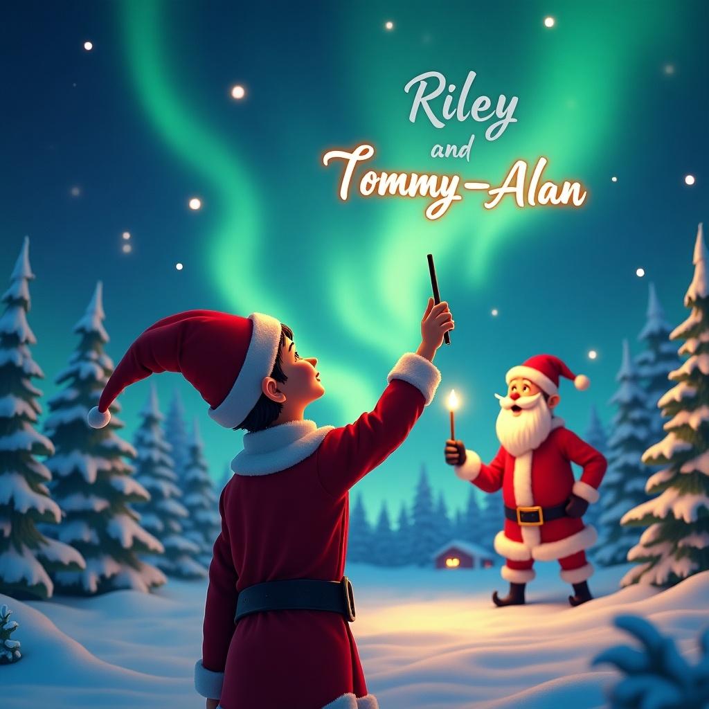 Elf uses wand to write names in the sky during a magical Christmas scene with northern lights and Santa Claus in the background. Names Riley and Tommy-Alan appear.