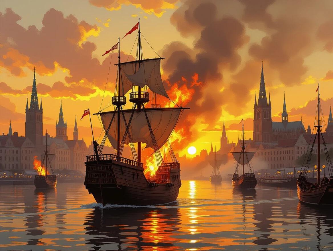 A ship is burning in a golden harbor. The sunset casts a warm glow over a medieval city with spires. Flames from the ship reflect on the water. Ships are sailing in the harbor. The architecture is Gothic. The scene is atmospheric with mist. The artwork is in an oil painting style. The lighting is cinematic and highly detailed.