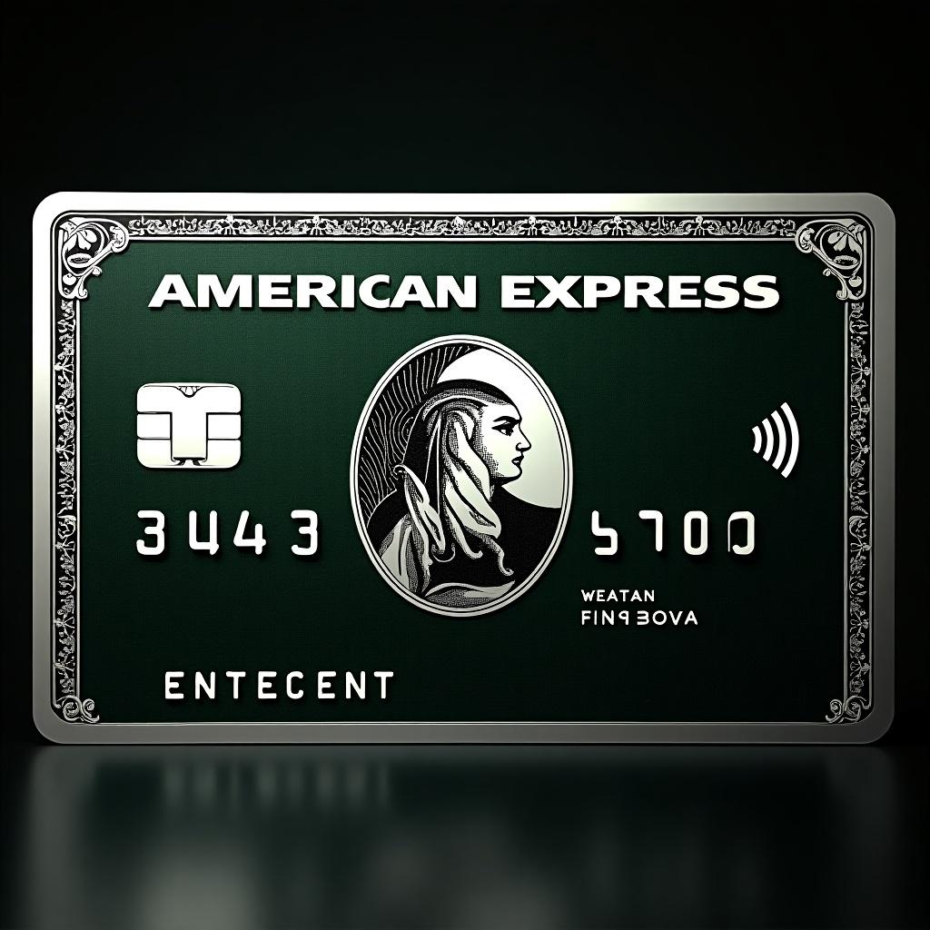 Image of an American Express credit card. Design features black, platinum, and green colors. Show full card from a straight-on perspective.