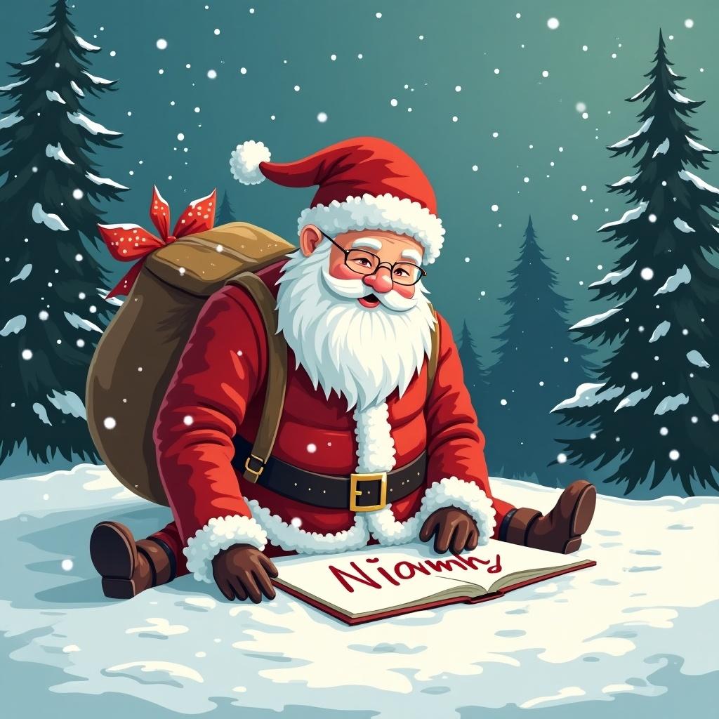 Santa Claus sits in the snow with a book that has Niamh written on it. Surrounding pine trees are covered in snow. A bag is placed beside him.