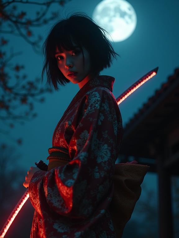 Cinematic portrayal of a young European female warrior in a glowing kimono. She holds a luminous katana. Set against a full moon in a starry night, the mood is dark and atmospheric. Subject's expression is sharp and intense, back lit by the moonlight.