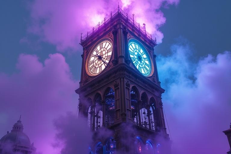 A majestic clock tower rises through purple steam. Brass gears and copper pipes shine with electric blue. Holographic mechanisms float around. Victorian metalwork creates light and shadow. Neon steam vents release glowing vapor.