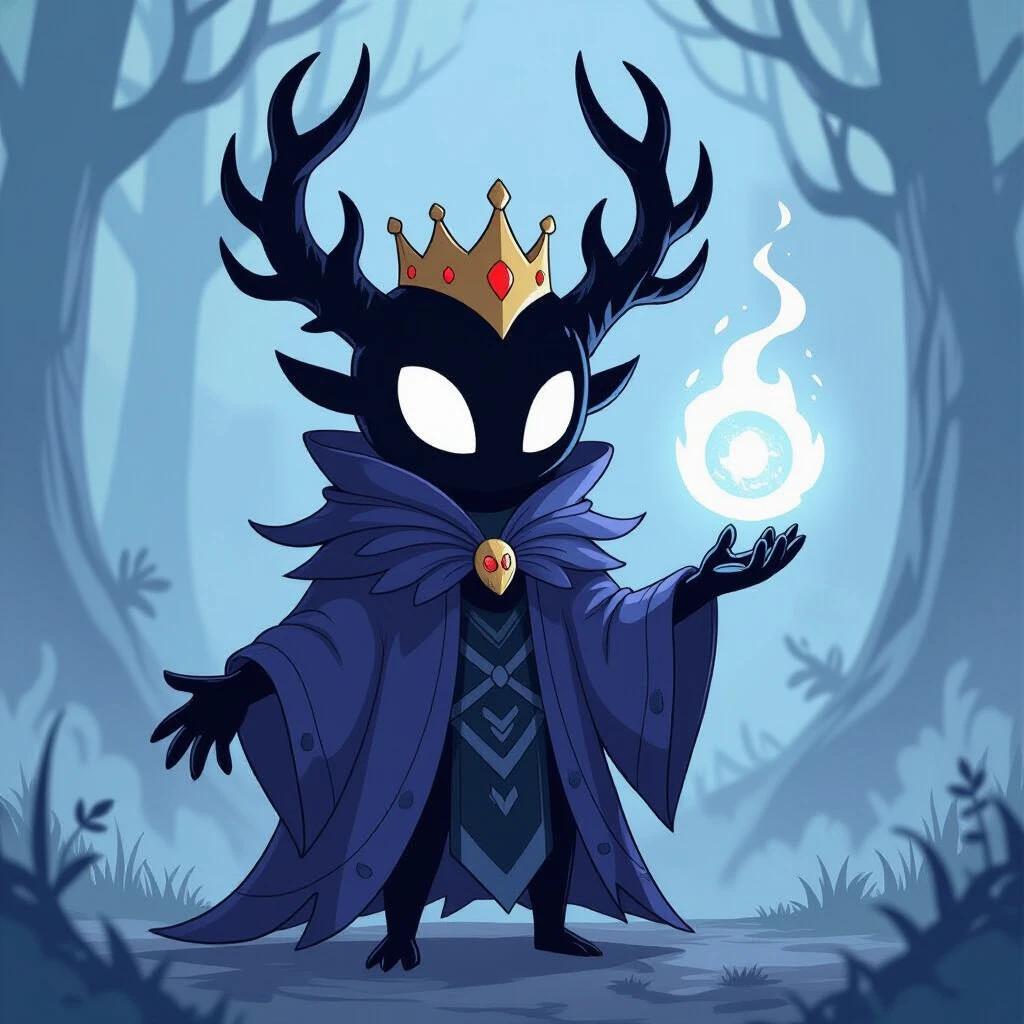 Illustration of Nightmare King Grimm from Hollow Knight. Character stands in a mystical forest. Black figure with white eyes and antlers. Wears a regal cloak and crown. Holds a glowing orb in one hand.