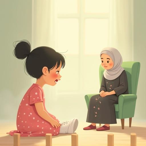 Flat-style illustration depicts a little girl sitting on the floor, crying and looking lost. She wears a pink dress with polka dots. Around her are wooden pillars with one missing. In the background, a grandmother in a green chair watches from the fog. The mood is dreamy and emotional.