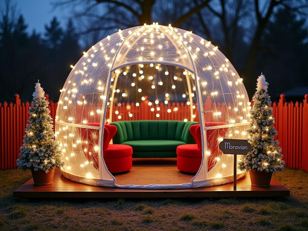 The image showcases a cozy outdoor igloo structure beautifully adorned with warm string lights, creating a magical atmosphere. Inside, vibrant green and red seating offers comfort, inviting guests to relax. Flanking the igloo are two small Christmas trees, enhancing the festive vibe. The setting is captured during twilight, giving the scene a serene and enchanting glow. It's an ideal representation of holiday gatherings and celebrations in an outdoor space.