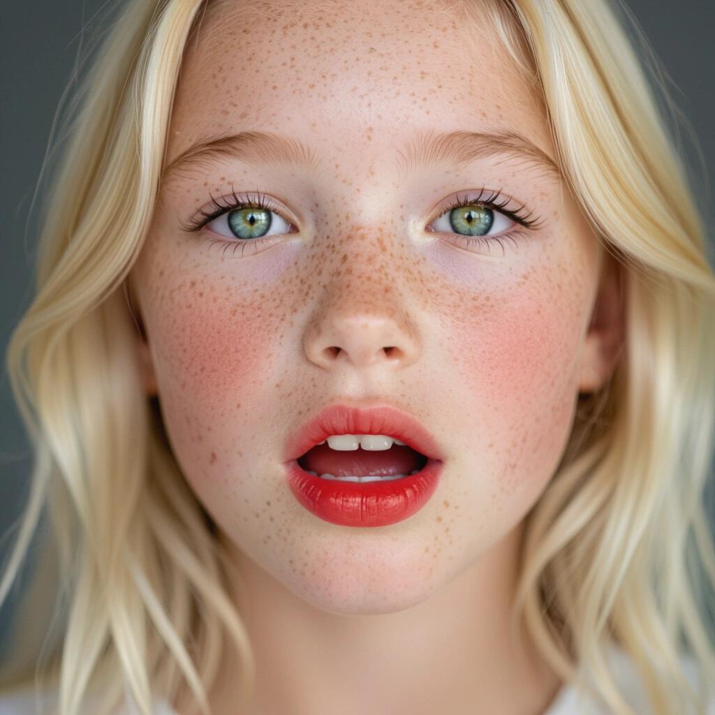 Close-up view of a young girl with blonde hair and freckles. Emphasis on red cheeks and full red lips. Mouth open slightly to evoke surprise. Highlight the youthful and vibrant features.