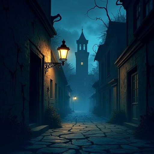 A dark and foggy alley at night. Dim lighting from a flickering streetlamp. Cracked pavement and dripping walls. Eerie shadows and faint glowing mist. Crooked buildings with broken windows in the distance. Atmosphere feels haunted in cartoon-horror style.