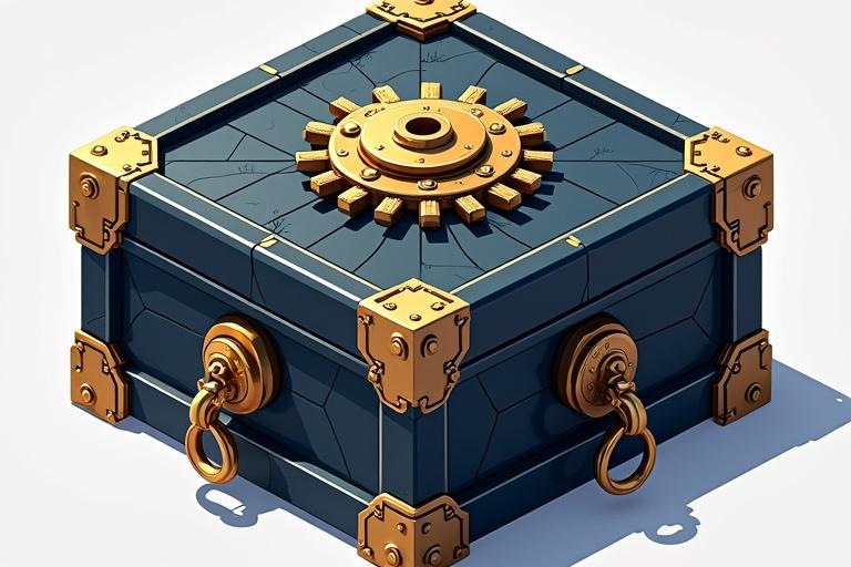 Mysterious puzzle box with gears and locks in an isometric style. Dominant colors are dark navy and gold.