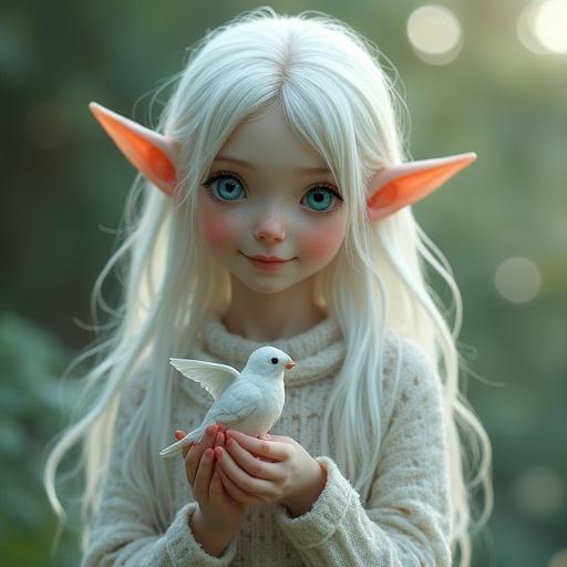 Pale girl with white hair and blue eyes depicted as an elf character. She holds a small bird in her hands. The scene has a magical and soft atmosphere.