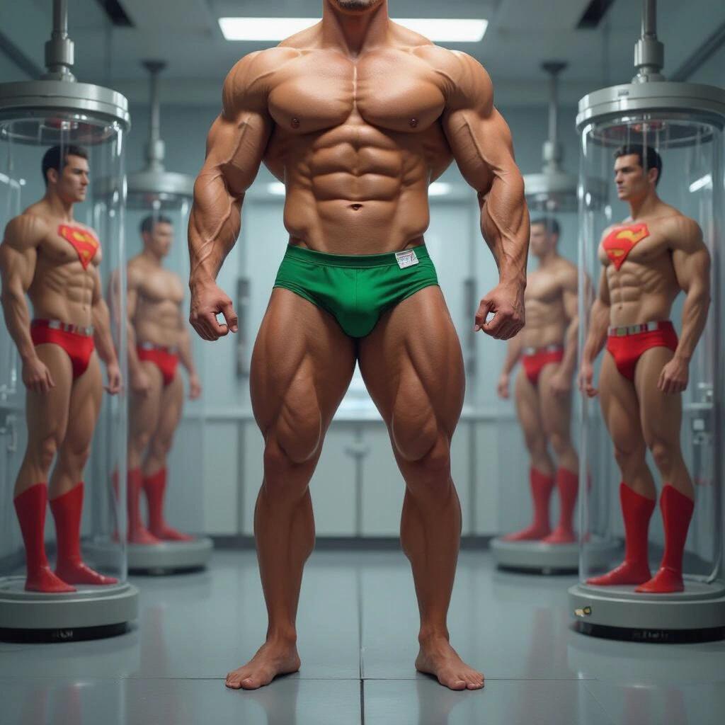 Powerlifter stands in green briefs in a human cloning laboratory. Surrounding figures are supermen in red briefs inside cloning tubes. Setting is at Lex Corporation.