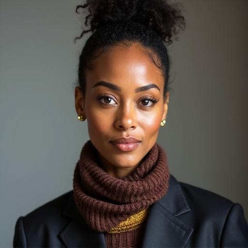 Portrait of a model in a sweater and blazer with natural makeup against a neutral background. She has hair in a bun and presents a confident expression.