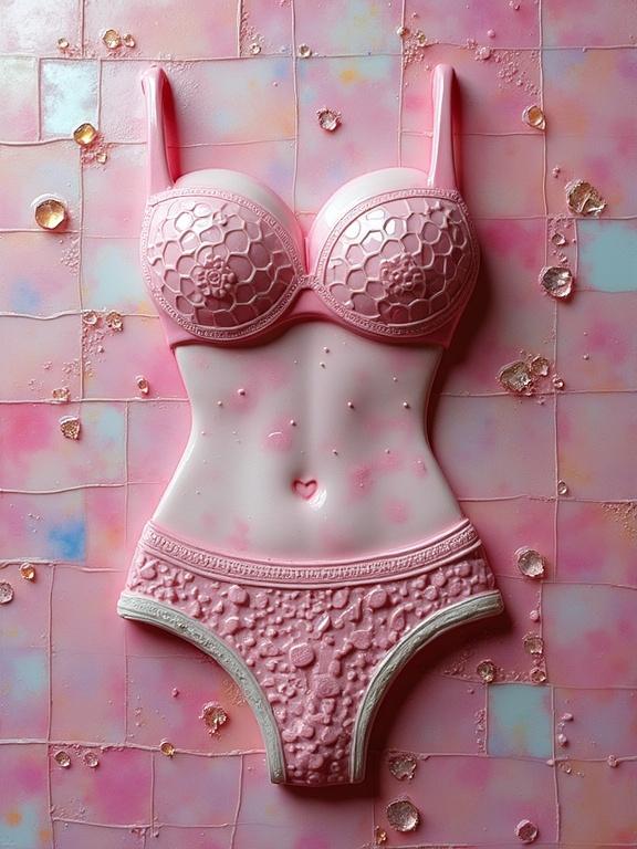 3D iridescent ceramic tile and glass mosaic combined to form an abstract shape. Display of pink lingerie in an encaustic mixed media style. Ethereal feel with a soft texture focus.