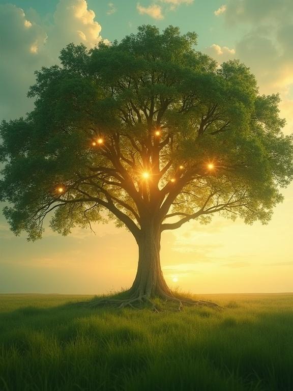 Hyper-realistic cinematic art piece depicting majestic ancient tree in a green meadow. Tree emanates warm golden light from roots and trunk. Interconnected orbs of light adorn branches to symbolize family members. Artwork conveys family unity and divine protection. The atmosphere evokes peace and warmth.
