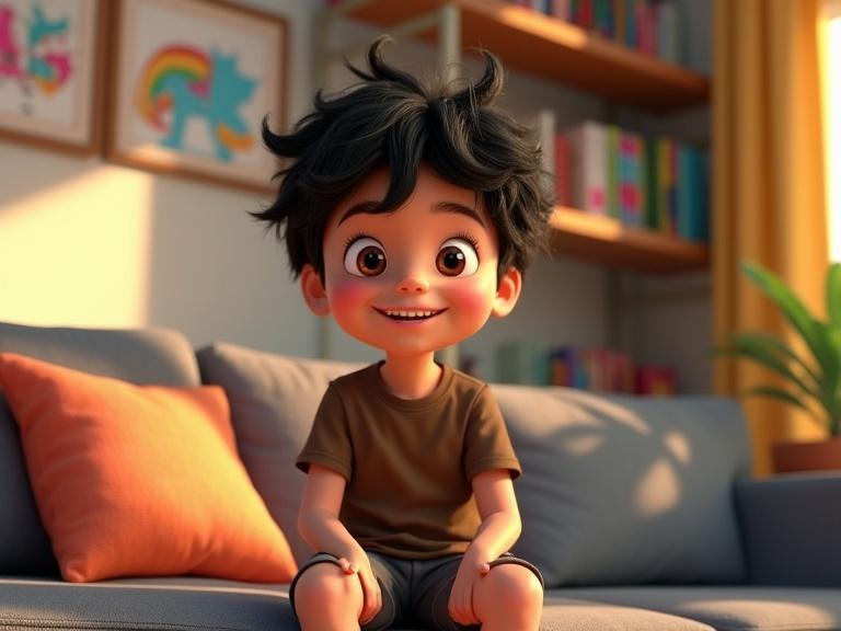 Young boy against a pillow on gray couch in a cozy living room. Colorful artworks decorate walls and shelves filled with books. Sunlight illuminates scene with bright colors. 3D rendering style similar to Disney and Pixar.