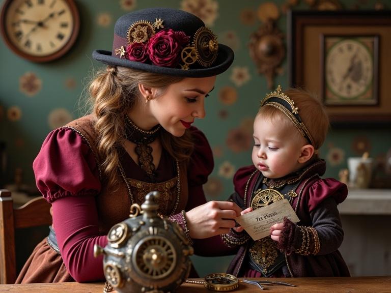 Mother and child wearing Victorian-inspired steampunk outfits. They are examining a whimsical clockwork heart machine. Rich coppers, bronzes, and deep burgundies prevail with intricate gear details.