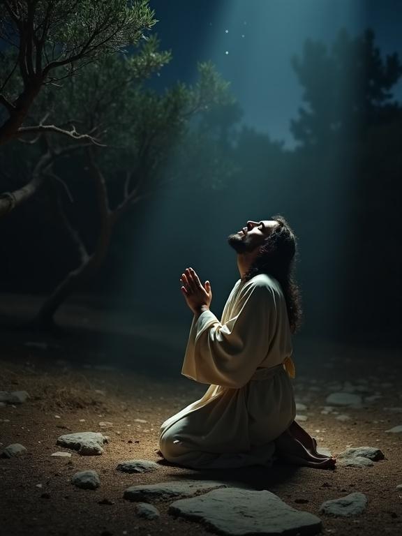 Emotional image of Jesus kneeling and praying. Natural rocky ground underfoot. Hands clasped tightly. Face turned towards the heavens with devotion. Celestial light illuminating the figure. Dark surrounding garden at night. Ancient olive trees under a starry sky. Highly detailed cinematic style reminiscent of 35mm film.