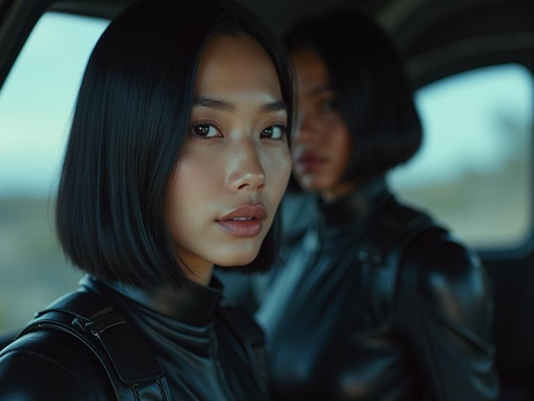 High-quality portrait photo featuring two women in a spaceship cockpit. One woman is in focus with straight black hair and a futuristic outfit. The background shows another woman with a similar appearance. The setting is sleek and modern.