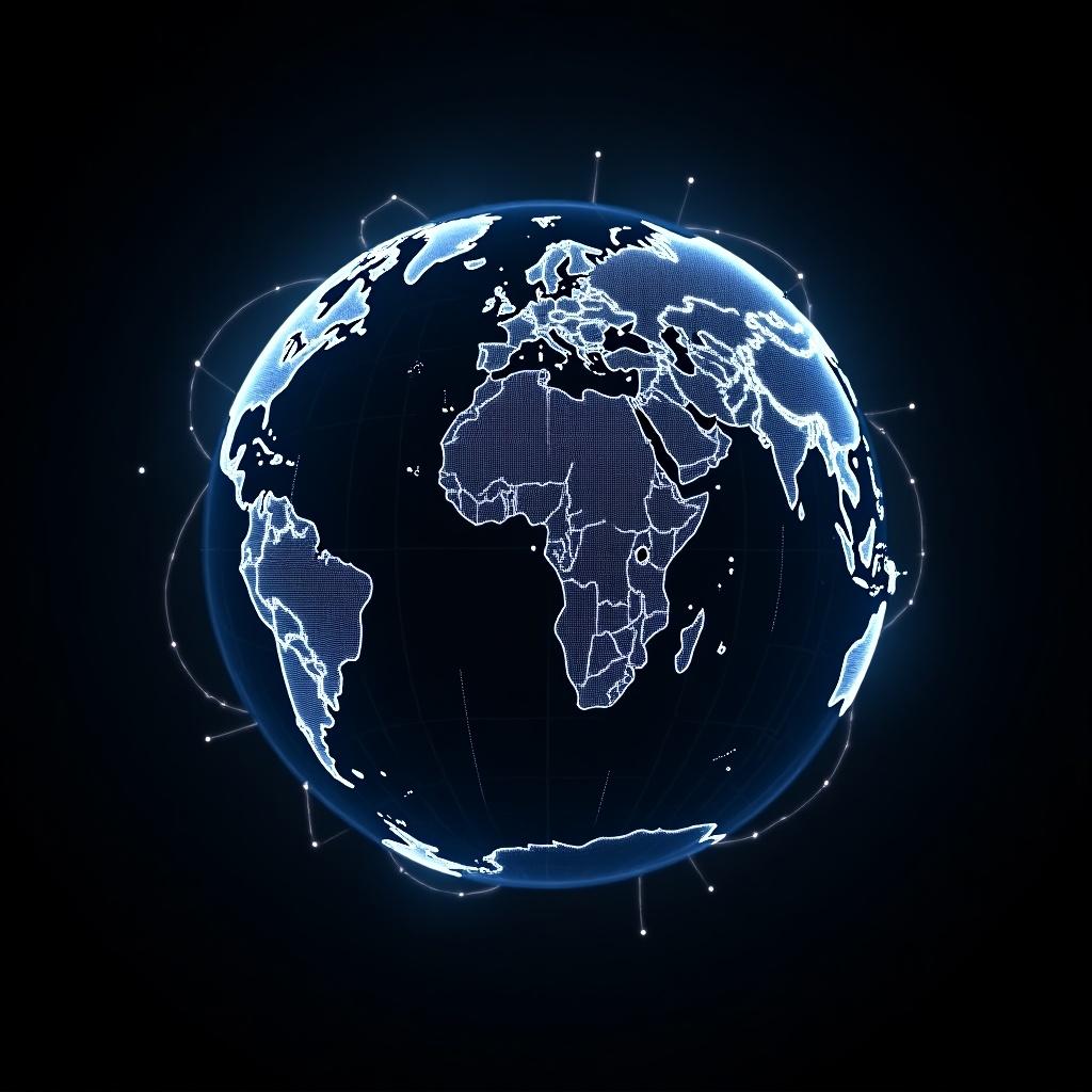 This image depicts a glowing digital globe that highlights continents such as Africa and Europe. The globe is surrounded by lines representing connectivity, emphasizing the interconnected nature of our world. The design is futuristic, set against a dark background that enhances the glowing effect. The use of blue tones adds to the modern look, creating a visually appealing representation of global connectivity. This image can be used for various purposes, including educational and technological presentations.