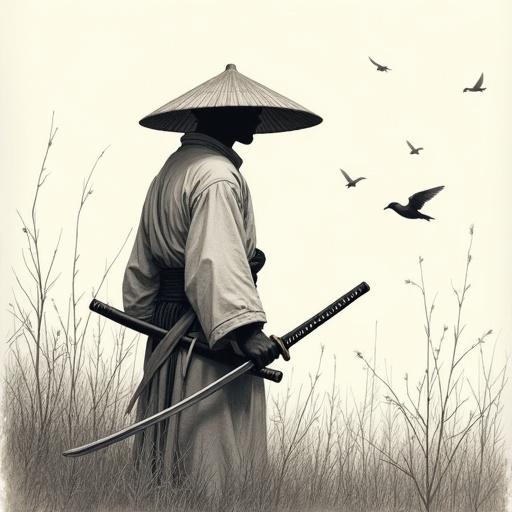 Samurai or ronin stands in a tall grass field. Simple kimono with large conical straw hat. Holding katana, blade down, and second sword in belt. Birds fly in the distance. Contemplative and slightly melancholic atmosphere. Fine lines for clothing, textured for environment.