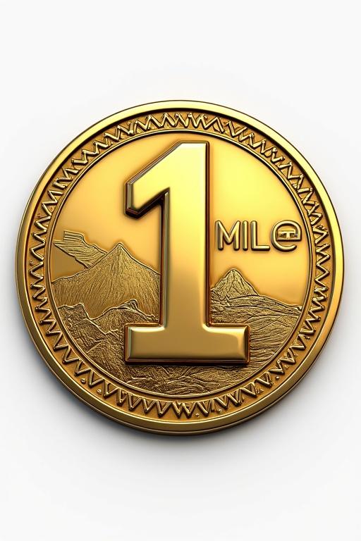 Coin shape with a mile marker sign design. Design features MILE 1 crypto token with mountain symbolism. Drawing style emphasized.