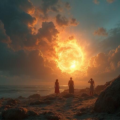 Scene depicting the creation as described in Genesis 1. Vibrant sun-like orb rising in the background surrounded by clouds. Figures in silhouette facing the orb. Landscape is rocky with ocean visible.