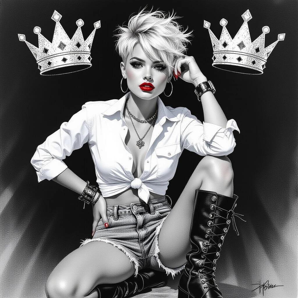 Black and white ink drawing showing a confident young woman with a knotted shirt denim shorts and biker boots. She has a punk hairstyle with one side shaved and styled messy. She poses clutching her hip with a bold expression.