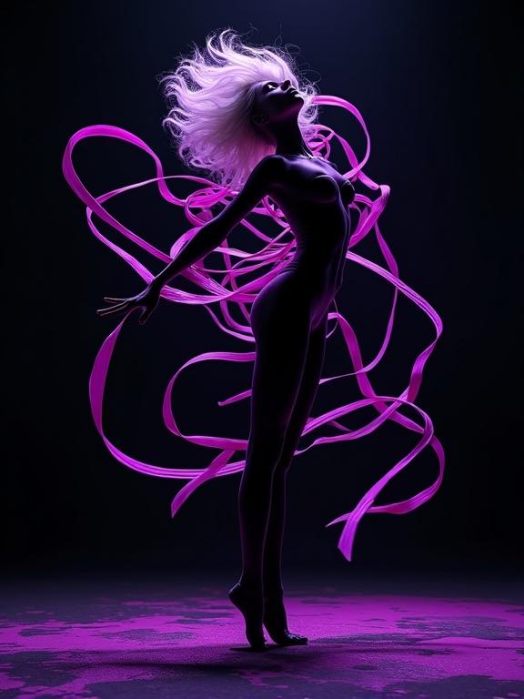 Black silhouette dancer poses artfully. White hair wrapped in neon purple ribbons. Macro photography, hyper-realistic digital art. Vibrant metallic chrome sheen with sharp lighting effects. Softly glowing silver aura, matte black background with neon purple splatters. High contrast, smooth lines, rich colors. Masterpiece detail, film grain texture. Close-up with focused studio lighting, wide angle lens.