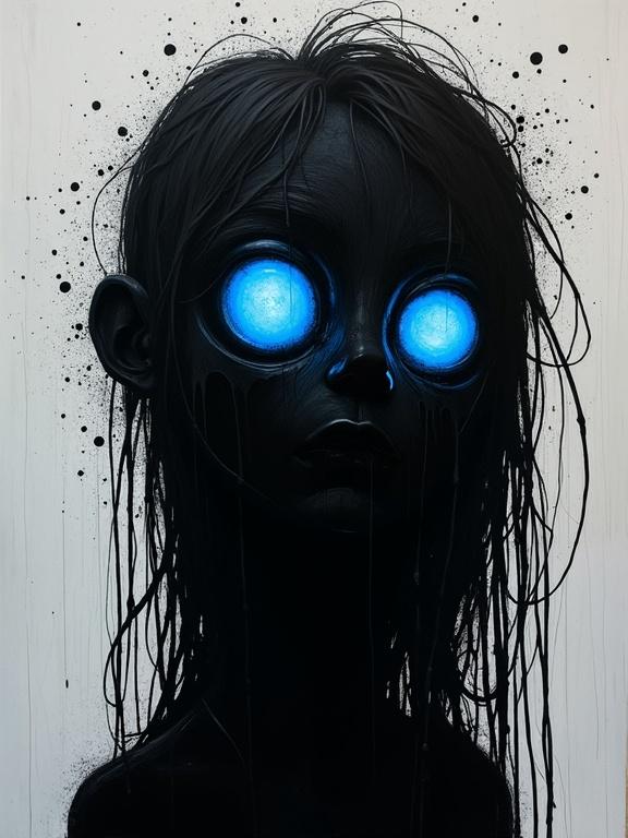 Surreal and minimalist creation featuring a silhouette of a tormented soul. Character has big shiny electrifying blue eyes. Hair appears long and wet. Black paint drips and dissolves into streaks. Gray background enhances the dark theme.