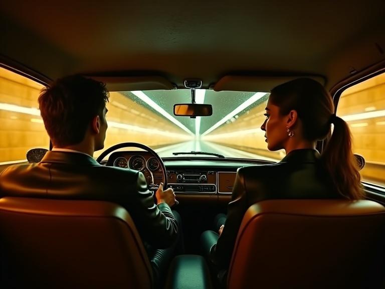 Wide-angle shot from the back seat of a luxury car showing both models in the front seats. The male model drives with focus and the female model sits confidently with one arm on the window. They are stylishly dressed in leather. The tunnel outside glows with warm golden lights flashing through the windows. The dashboard emits a faint green light. Wet reflections shimmer on the tunnel walls. Cinematic and editorial appearance with a fashionable motion theme.