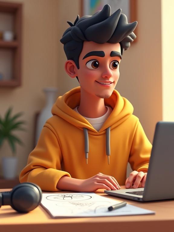 3D cartoon scene of a young Egyptian male designer with distinct features. He sits at a desk with a laptop, sketchbook, and headphones. Wears casual modern clothes. Expression is focused and hopeful. Background simple and cozy, with soft lighting.