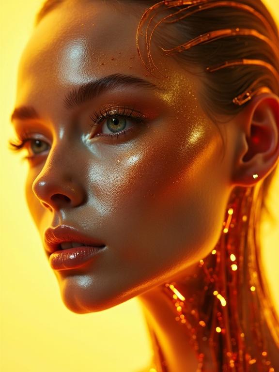 Close-up shot of a cyborg-inspired supermodel. Face constructed using amber and metallic elements. Glossy skin textures and vibrant lighting. Transparent features complement the design. Glamorous and punk style elements present. Dynamic and expressive pose with sharp focus on facial details.