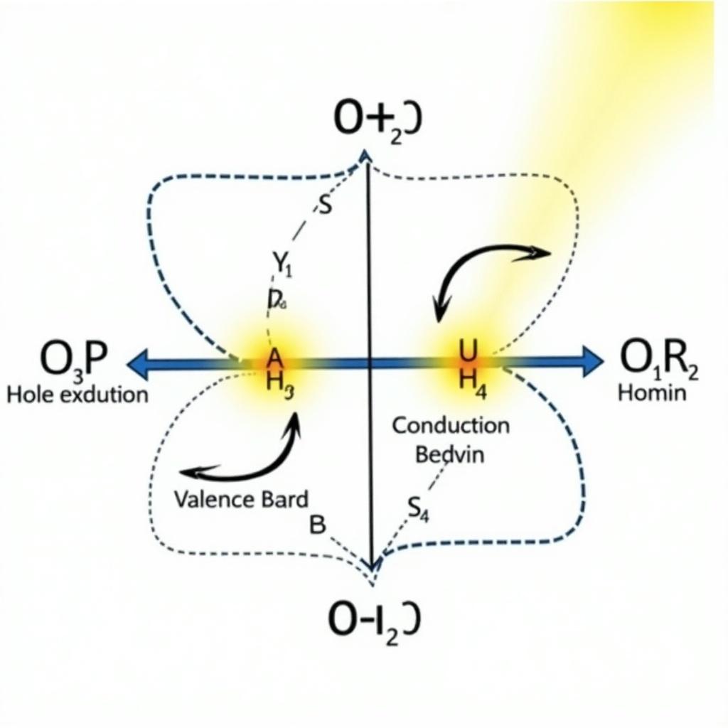 Schematic diagram of reduction and oxidation processes in titanium dioxide during photocatalytic process due to solar light irradiation. Shows valence and conduction band, hole and electron interactions.