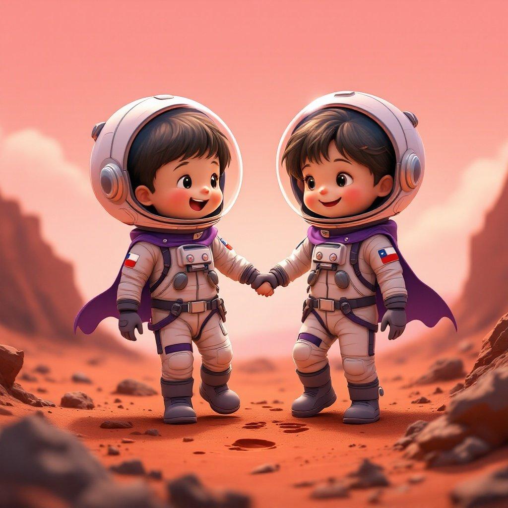 Two imaginative 4-year-old astronauts walk hand in hand on Mars. Kids wear astronaut suits with purple capes and display Chilean flags. The terrain is rocky and red under a pink sky. Their faces show excitement and wonder. Tiny footprints mark their journey across Mars.