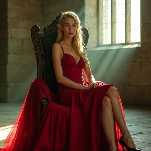 Woman seated on throne in red dress. She has long ears light skin and blond hair. High slits on dress reveal thighs. Wearing black high heels. Proud gaze with green aura. Sunlight through castle window makes room warm and detailed.