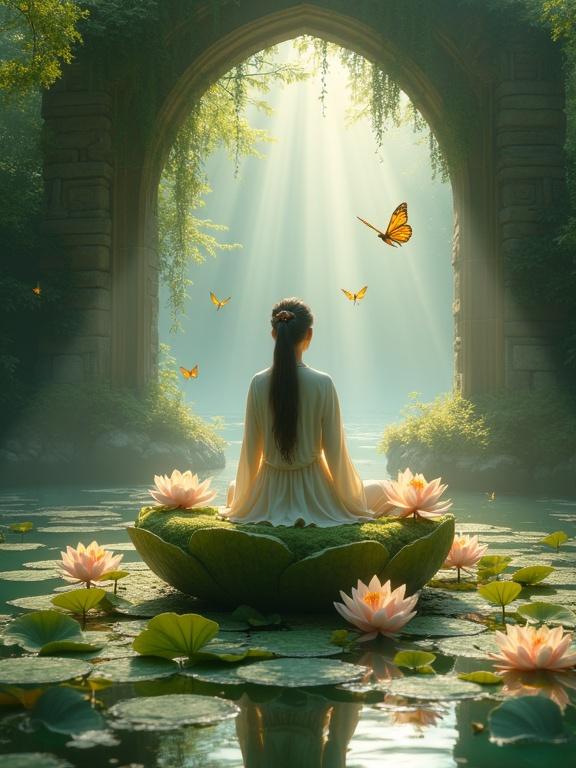 A serene mother sits on a throne of floating lotus roots surrounded by luminous flowers and golden dragonflies in a crystal-clear pond. Rays of dawn light pierce through an ancient stone archway while translucent butterflies flutter by.