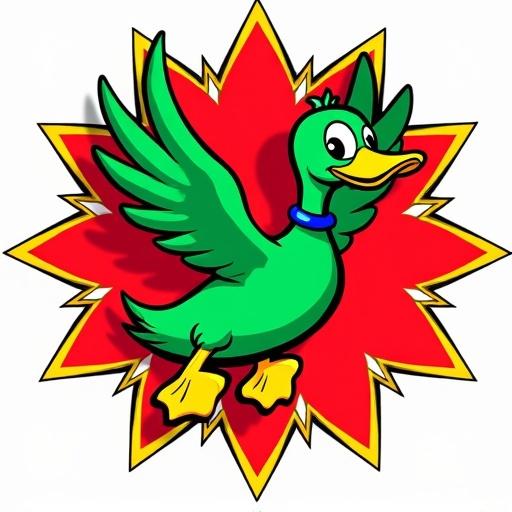 Cartoon-style illustration featuring a green duck in mid-flight. Duck has long neck yellow beak and blue collar. Wings are outstretched body streamlined suggesting motion. Duck feet are yellow extended behind. Background is vibrant red starburst with jagged edges small yellow stars. Bold black outlines enhance contrast making image striking.