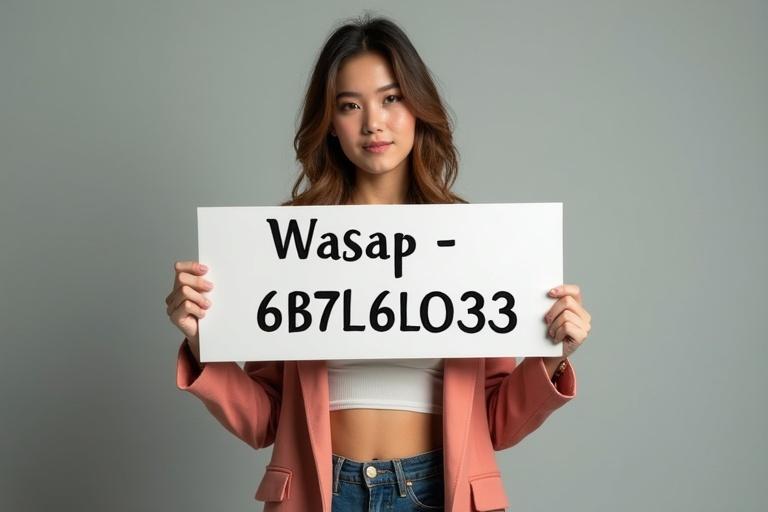 Young woman shows a banner with text. Stylish outfit and confident expression. Neutral background with soft lighting.