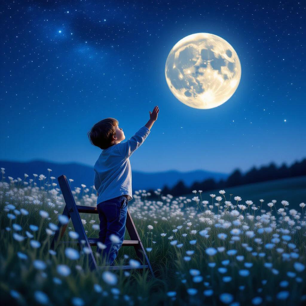 A dreamy scene with a starry night sky and a large glowing full moon. A boy in light clothing stands on a ladder, reaching for the moon. Surrounding him are blooming white wildflowers contrasting with the deep blue sky. The atmosphere feels tranquil and mysterious, filled with elements of romance and fantasy, telling a story about dreams and exploration.